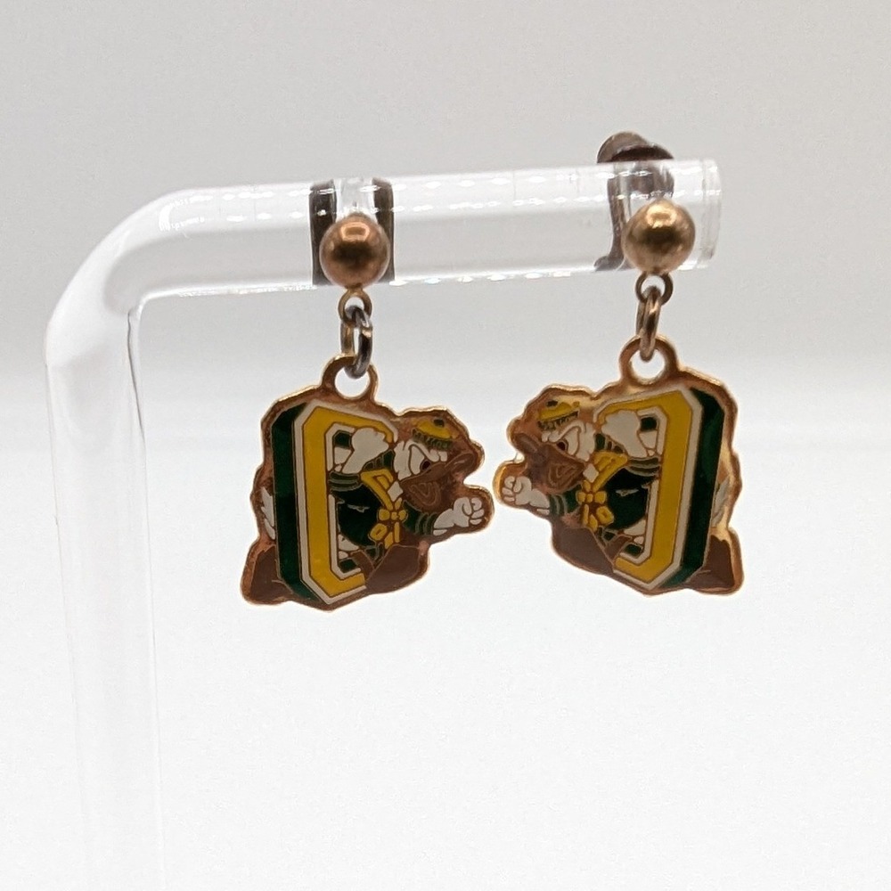 Disney Oregon Ducks Fighting Duck Enamel Drop Earrings Gold Tone Mascot Logo